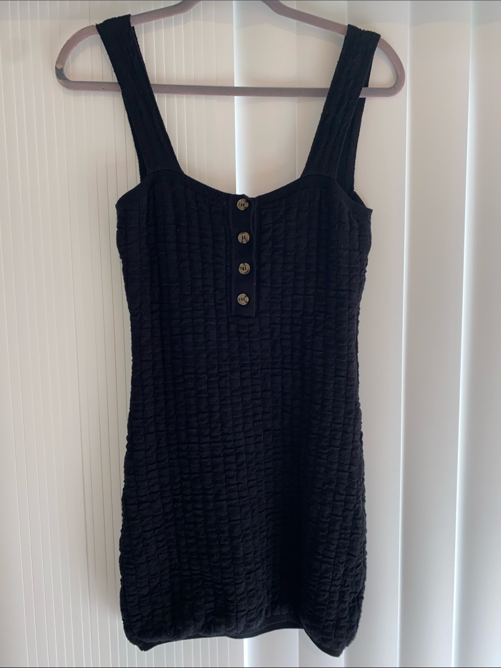 Free People Beach Textured Black Mini Dress with Front Button Detail